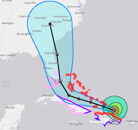 Projection cone for hurricane Irma. Red and pink splotches are areas in which hurricane watches and warnings have been declared. (Image: NOAA)